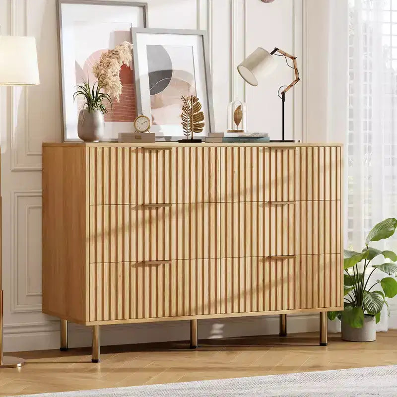 Cómoda moderna de 6 cajones acanalados, cómoda de madera con almacenamiento profundo, cómoda doble grande y soporte de TV para dormitorio, sala de estar, pasillo, habitación de niños