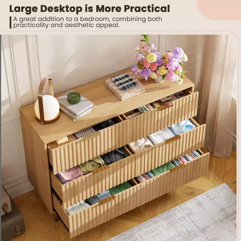 Cómoda moderna de 6 cajones acanalados, cómoda de madera con almacenamiento profundo, cómoda doble grande y soporte de TV para dormitorio, sala de estar, pasillo, habitación de niños