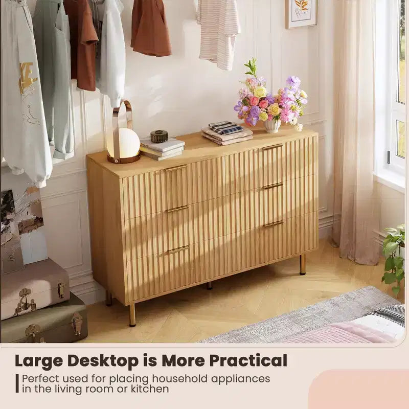 Cómoda moderna de 6 cajones acanalados, cómoda de madera con almacenamiento profundo, cómoda doble grande y soporte de TV para dormitorio, sala de estar, pasillo, habitación de niños