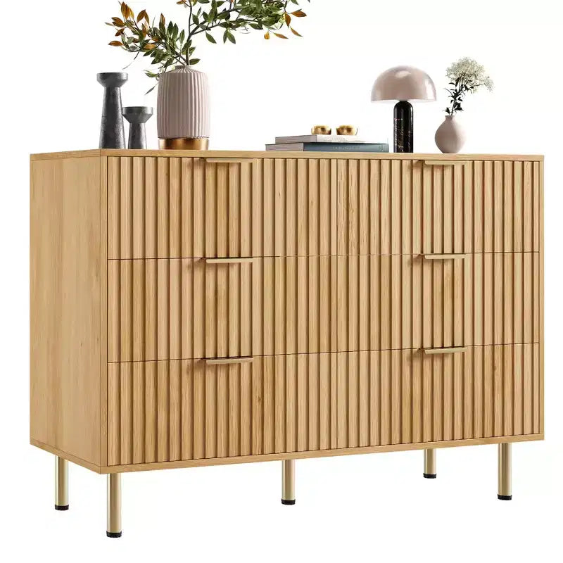 Cómoda moderna de 6 cajones acanalados, cómoda de madera con almacenamiento profundo, cómoda doble grande y soporte de TV para dormitorio, sala de estar, pasillo, habitación de niños