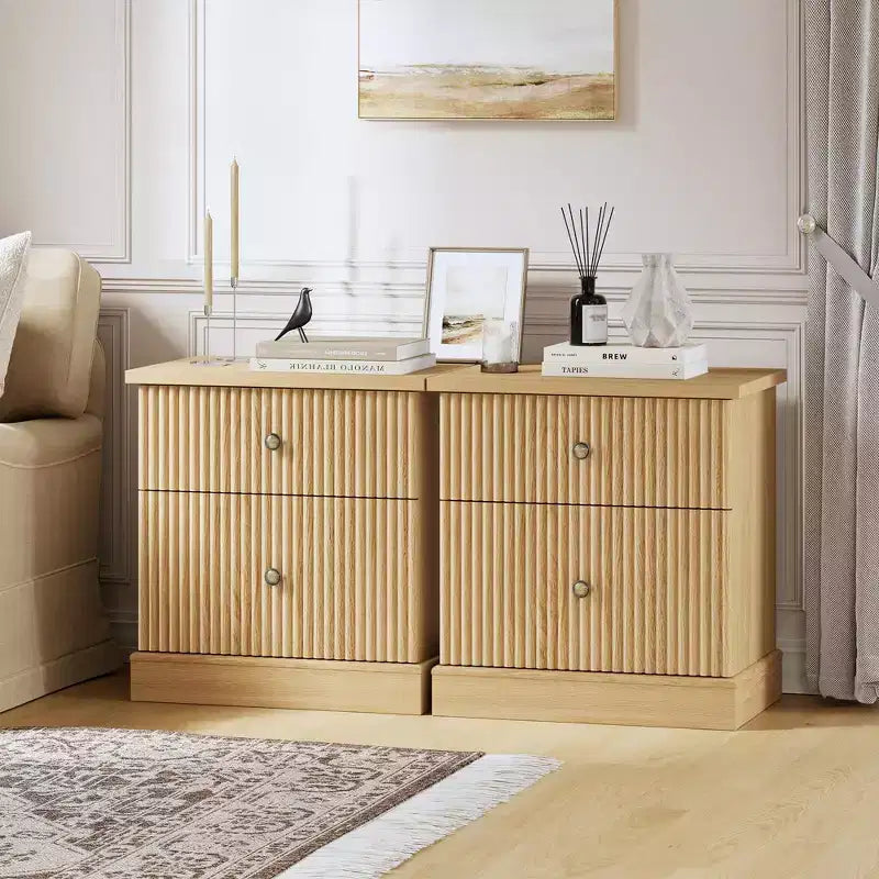 Mesita de Noche Acanalada Moderna, Mesita de Noche de 24 pulgadas, Gabinete Pequeño de Almacenamiento con 2 Cajones, Mesa Auxiliar con Base Curva Estable