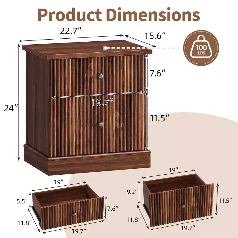 Mesita de Noche Acanalada Moderna, Mesita de Noche de 24 pulgadas, Gabinete Pequeño de Almacenamiento con 2 Cajones, Mesa Auxiliar con Base Curva Estable