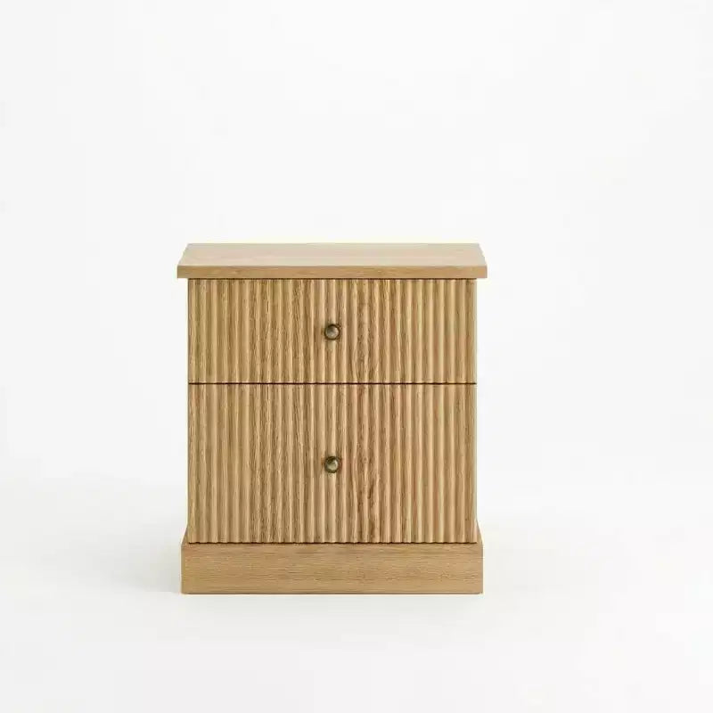 Mesita de Noche Acanalada Moderna, Mesita de Noche de 24 pulgadas, Gabinete Pequeño de Almacenamiento con 2 Cajones, Mesa Auxiliar con Base Curva Estable