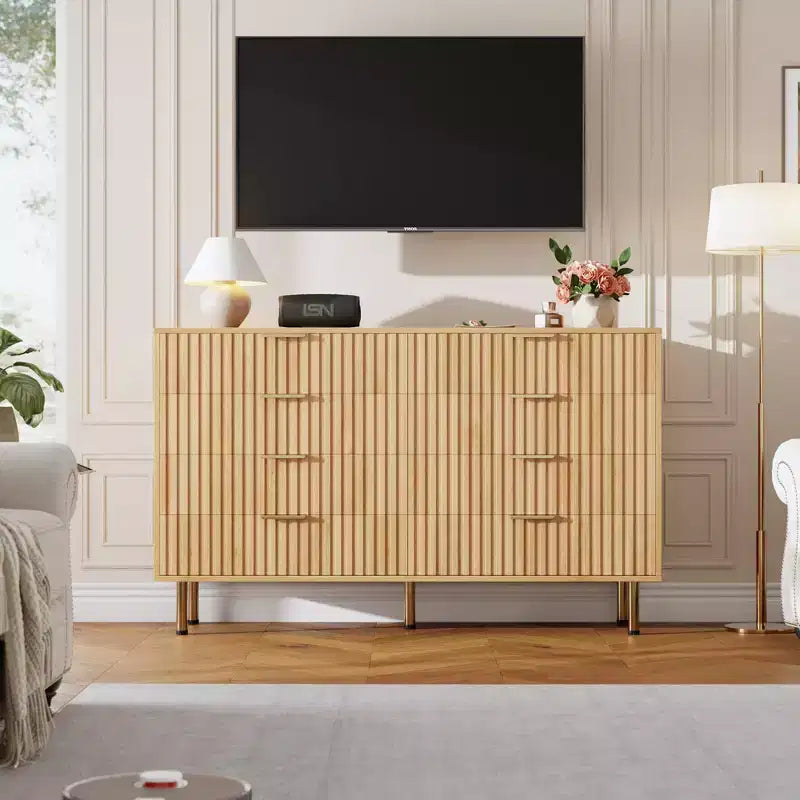 Cómoda de 8 cajones acanalada, 137 cm de ancho, doble arcón con cajones profundos, organizador de almacenamiento de madera y mueble para TV