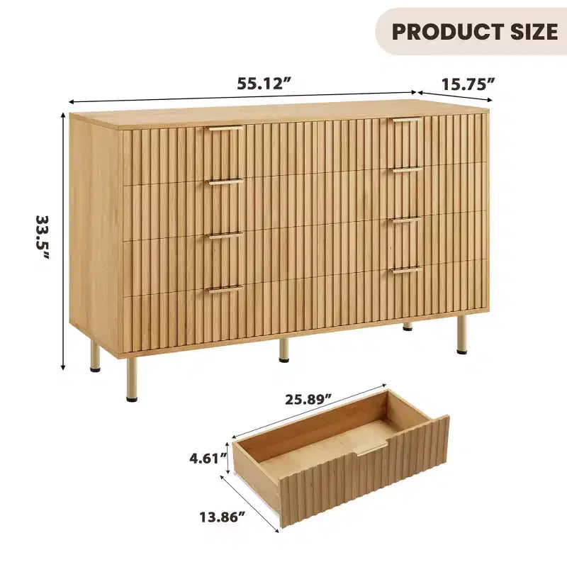 Cómoda de 8 cajones acanalada, 137 cm de ancho, doble arcón con cajones profundos, organizador de almacenamiento de madera y mueble para TV