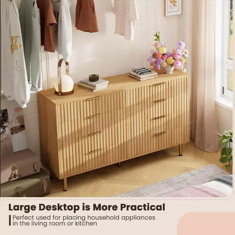 Cómoda de 8 cajones acanalada, 137 cm de ancho, doble arcón con cajones profundos, organizador de almacenamiento de madera y mueble para TV