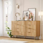 Cómoda de 8 cajones acanalada, 137 cm de ancho, doble arcón con cajones profundos, organizador de almacenamiento de madera y mueble para TV