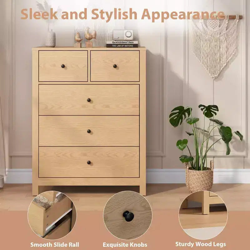 Cómoda Moderna de 5 Cajones para Dormitorio, Cajonera Alta de Madera, Amplio Organizador de Almacenamiento, Cajones para Recibidor, Pasillo, Armario, Habitación Infantil, Oficina en Casa