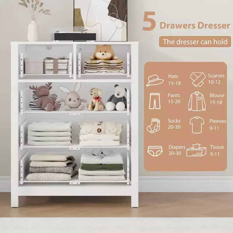 Cómoda Moderna de 5 Cajones para Dormitorio, Cajonera Alta de Madera, Amplio Organizador de Almacenamiento, Cajones para Recibidor, Pasillo, Armario, Habitación Infantil, Oficina en Casa