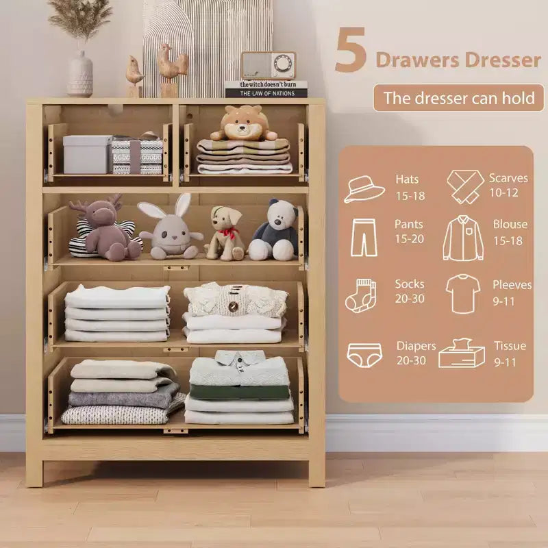 Cómoda Moderna de 5 Cajones para Dormitorio, Cajonera Alta de Madera, Amplio Organizador de Almacenamiento, Cajones para Recibidor, Pasillo, Armario, Habitación Infantil, Oficina en Casa