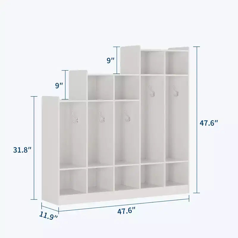 Casillero de Madera de 5 Secciones para Niños - 9 Compartimentos de Almacenamiento, 10 Ganchos - Organizador para Guardería, Jardín de Infancia, Hogar, Habitación de Bebés, Escuela