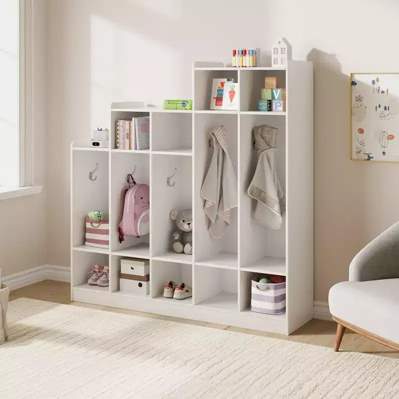 Casillero de Madera de 5 Secciones para Niños - 9 Compartimentos de Almacenamiento, 10 Ganchos - Organizador para Guardería, Jardín de Infancia, Hogar, Habitación de Bebés, Escuela
