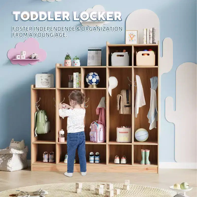 Casillero de Madera de 5 Secciones para Niños - 9 Compartimentos de Almacenamiento, 10 Ganchos - Organizador para Guardería, Jardín de Infancia, Hogar, Habitación de Bebés, Escuela