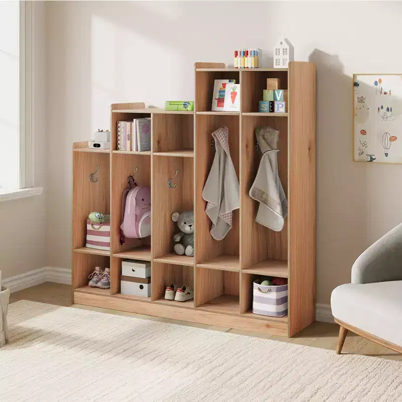 Casillero de Madera de 5 Secciones para Niños - 9 Compartimentos de Almacenamiento, 10 Ganchos - Organizador para Guardería, Jardín de Infancia, Hogar, Habitación de Bebés, Escuela