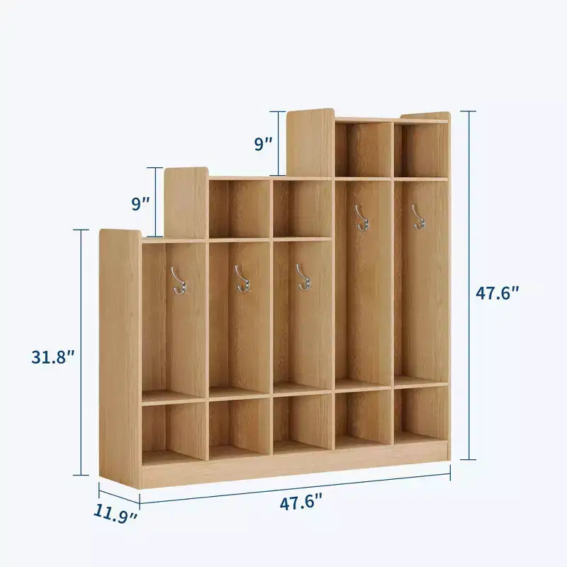 Casillero de Madera de 5 Secciones para Niños - 9 Compartimentos de Almacenamiento, 10 Ganchos - Organizador para Guardería, Jardín de Infancia, Hogar, Habitación de Bebés, Escuela