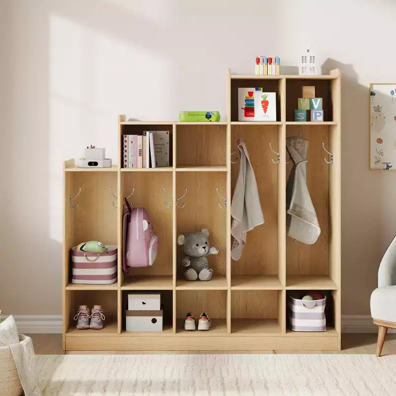 Casillero de Madera de 5 Secciones para Niños - 9 Compartimentos de Almacenamiento, 10 Ganchos - Organizador para Guardería, Jardín de Infancia, Hogar, Habitación de Bebés, Escuela