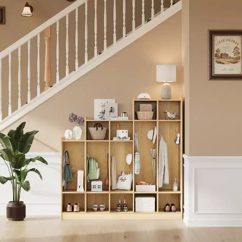 Casillero de Madera de 5 Secciones para Niños - 9 Compartimentos de Almacenamiento, 10 Ganchos - Organizador para Guardería, Jardín de Infancia, Hogar, Habitación de Bebés, Escuela