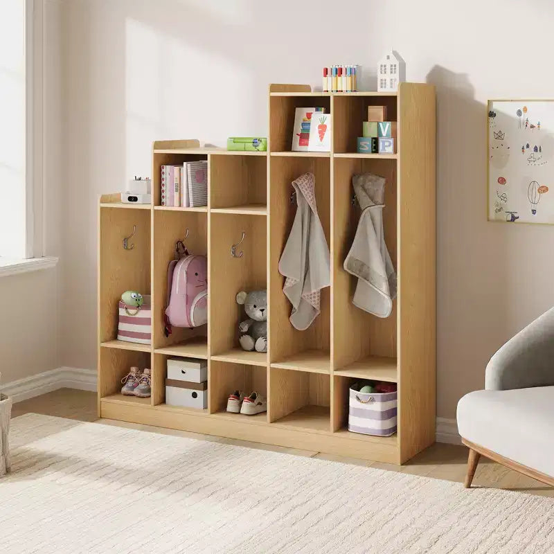 Casillero de Madera de 5 Secciones para Niños - 9 Compartimentos de Almacenamiento, 10 Ganchos - Organizador para Guardería, Jardín de Infancia, Hogar, Habitación de Bebés, Escuela