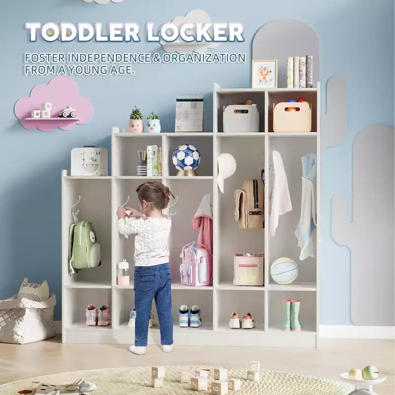 Casillero de Madera de 5 Secciones para Niños - 9 Compartimentos de Almacenamiento, 10 Ganchos - Organizador para Guardería, Jardín de Infancia, Hogar, Habitación de Bebés, Escuela