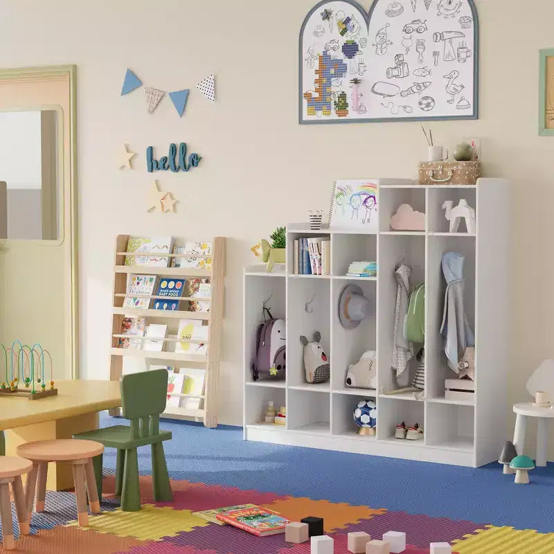Casillero de Madera de 5 Secciones para Niños - 9 Compartimentos de Almacenamiento, 10 Ganchos - Organizador para Guardería, Jardín de Infancia, Hogar, Habitación de Bebés, Escuela