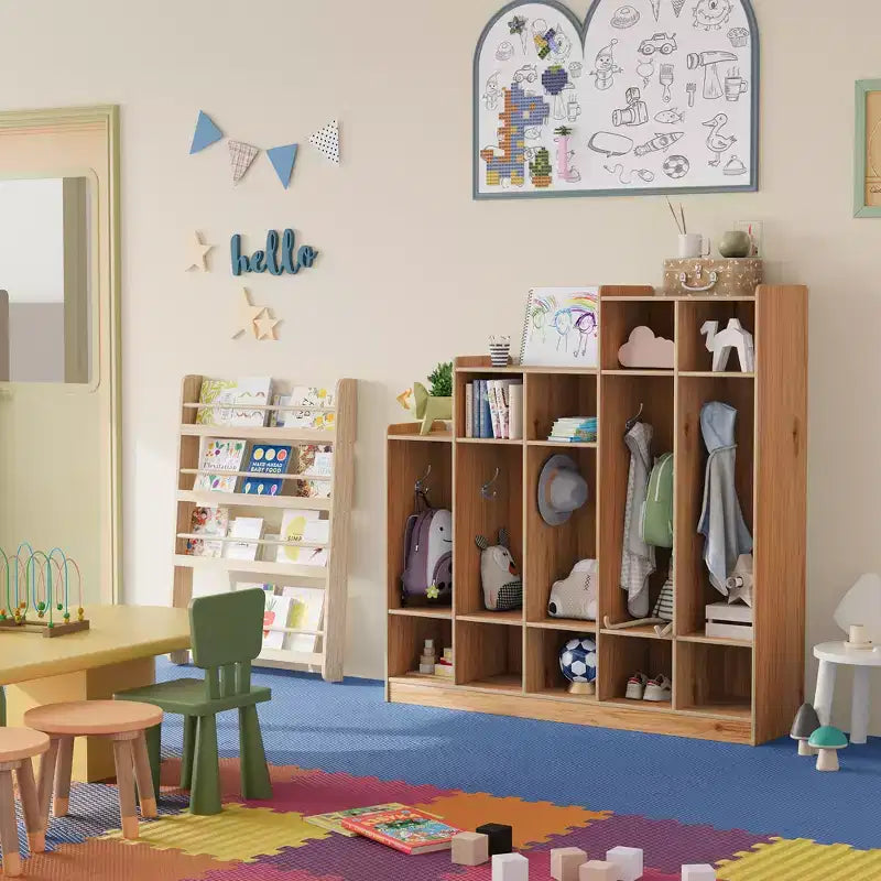 Casillero de Madera de 5 Secciones para Niños - 9 Compartimentos de Almacenamiento, 10 Ganchos - Organizador para Guardería, Jardín de Infancia, Hogar, Habitación de Bebés, Escuela