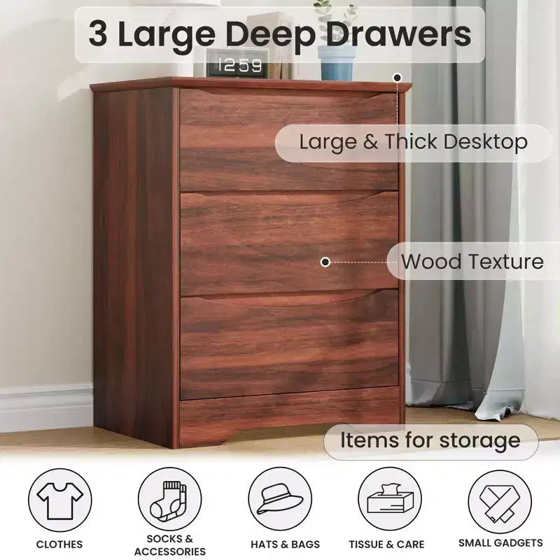Cómoda alta de madera con 3 cajones, cómoda moderna, almacenamiento profundo, armario grande con tapa ancha para dormitorio, sala de estar, pasillo, habitación de niños