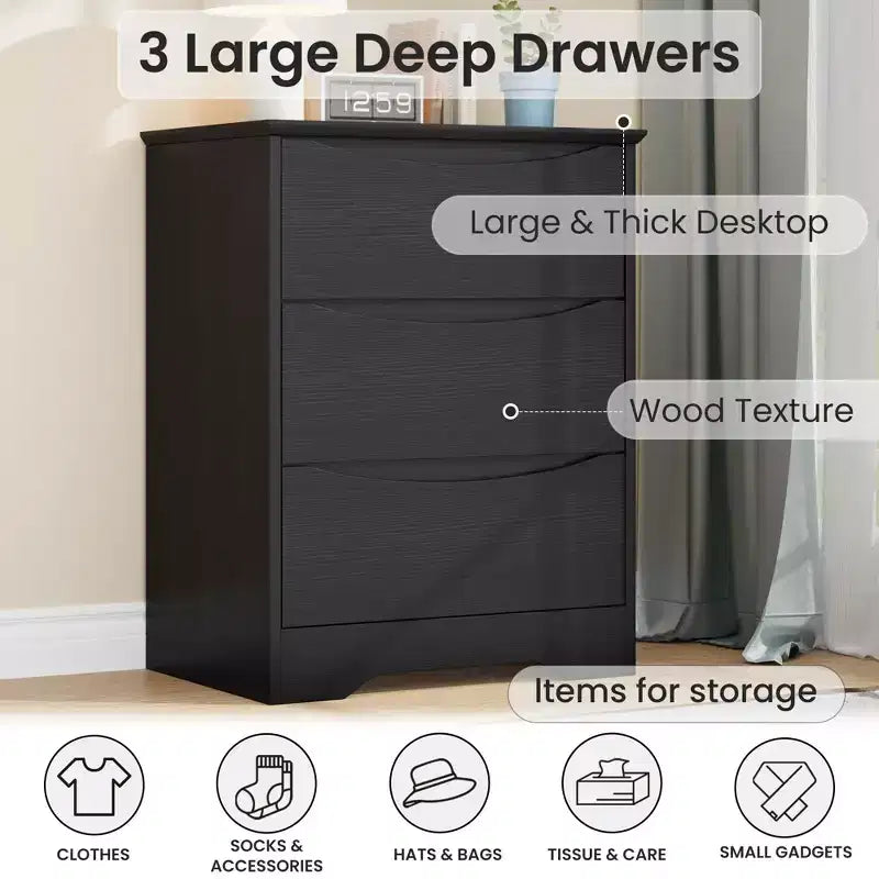 Cómoda alta de madera con 3 cajones, cómoda moderna, almacenamiento profundo, armario grande con tapa ancha para dormitorio, sala de estar, pasillo, habitación de niños