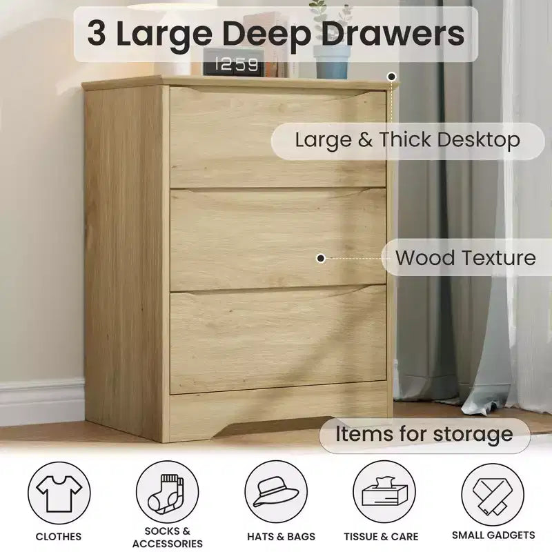 Cómoda alta de madera con 3 cajones, cómoda moderna, almacenamiento profundo, armario grande con tapa ancha para dormitorio, sala de estar, pasillo, habitación de niños