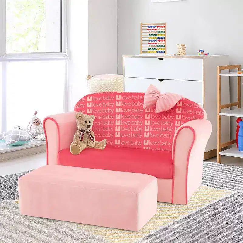 Sofá doble para niños, tapizado en terciopelo con reposapiés y reposabrazos, rosa