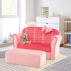 Sofá doble para niños, tapizado en terciopelo con reposapiés y reposabrazos, rosa