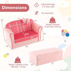 Sofá doble para niños, tapizado en terciopelo con reposapiés y reposabrazos, rosa