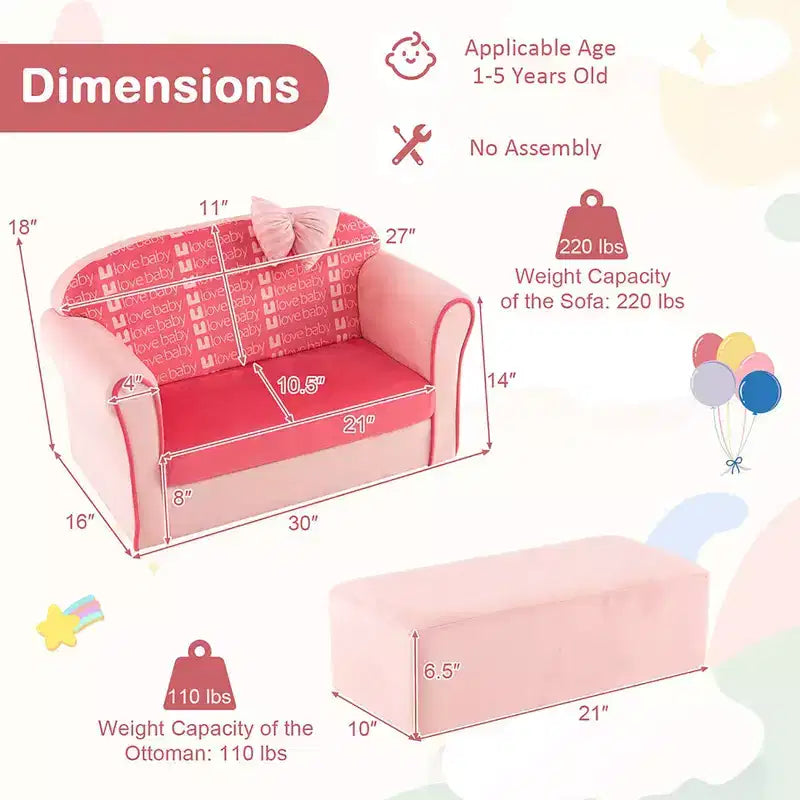 Sofá doble para niños, tapizado en terciopelo con reposapiés y reposabrazos, rosa