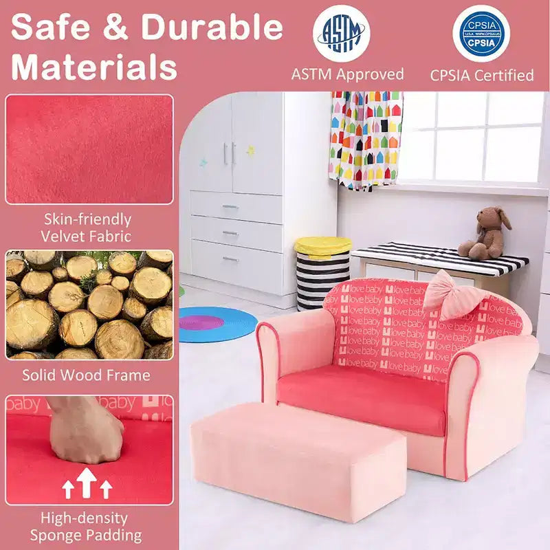 Sofá doble para niños, tapizado en terciopelo con reposapiés y reposabrazos, rosa