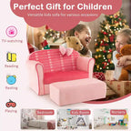 Sofá doble para niños, tapizado en terciopelo con reposapiés y reposabrazos, rosa