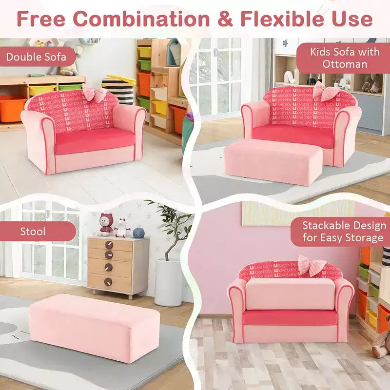 Sofá doble para niños, tapizado en terciopelo con reposapiés y reposabrazos, rosa