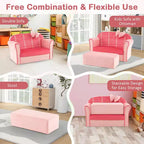 Sofá doble para niños, tapizado en terciopelo con reposapiés y reposabrazos, rosa