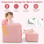 Sofá doble para niños, tapizado en terciopelo con reposapiés y reposabrazos, rosa