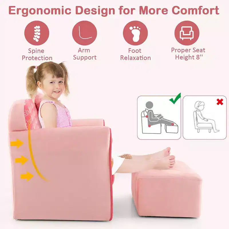 Sofá doble para niños, tapizado en terciopelo con reposapiés y reposabrazos, rosa