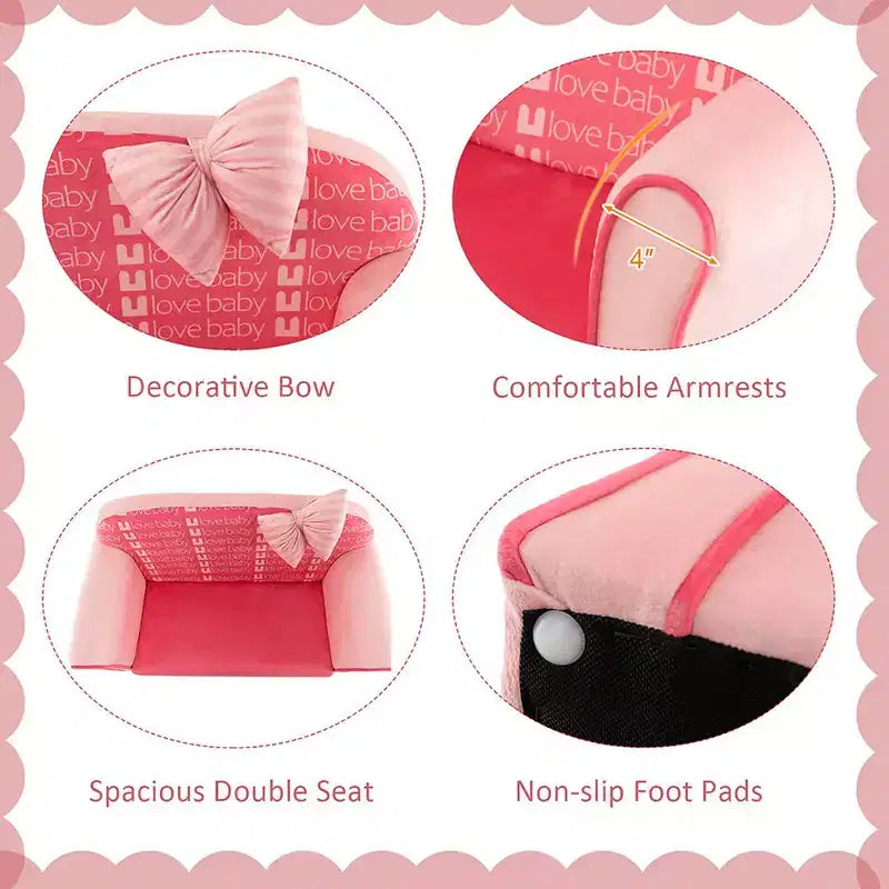 Sofá doble para niños, tapizado en terciopelo con reposapiés y reposabrazos, rosa