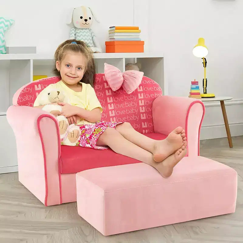 Sofá doble para niños, tapizado en terciopelo con reposapiés y reposabrazos, rosa