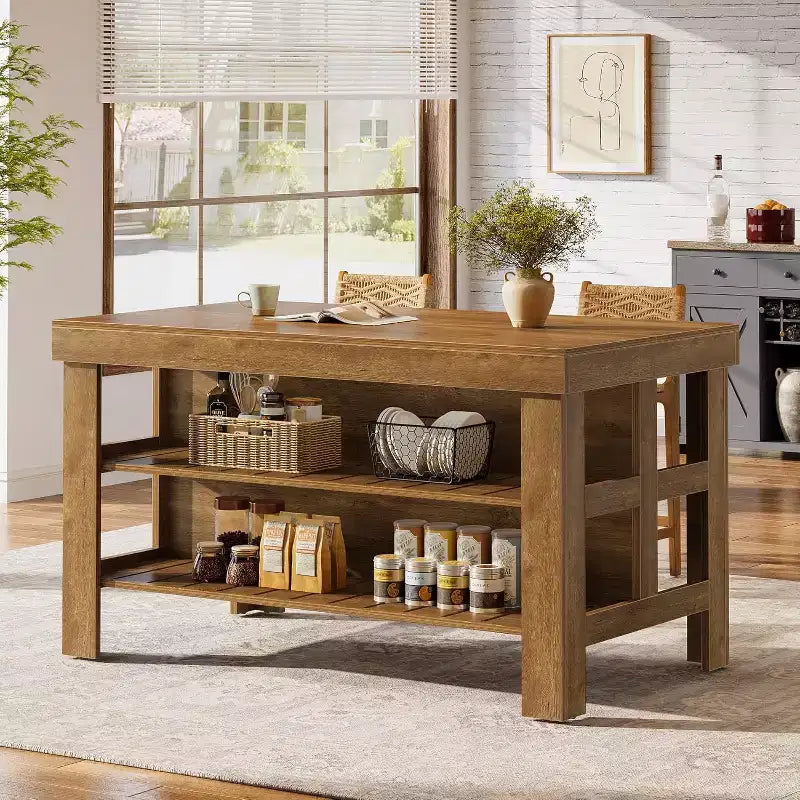 Lantine Kitchen Island with Storage and Seating, Farmhouse Large Stationary Wood Island Table for Kitchen Dining Room (All Brown)