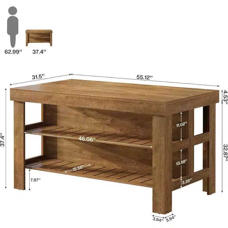 Isla de Cocina con Almacenamiento y Asientos, Mesa Isla de Madera Grande Estacionaria de Estilo Rústico para Cocina Comedor (Todo Marrón)