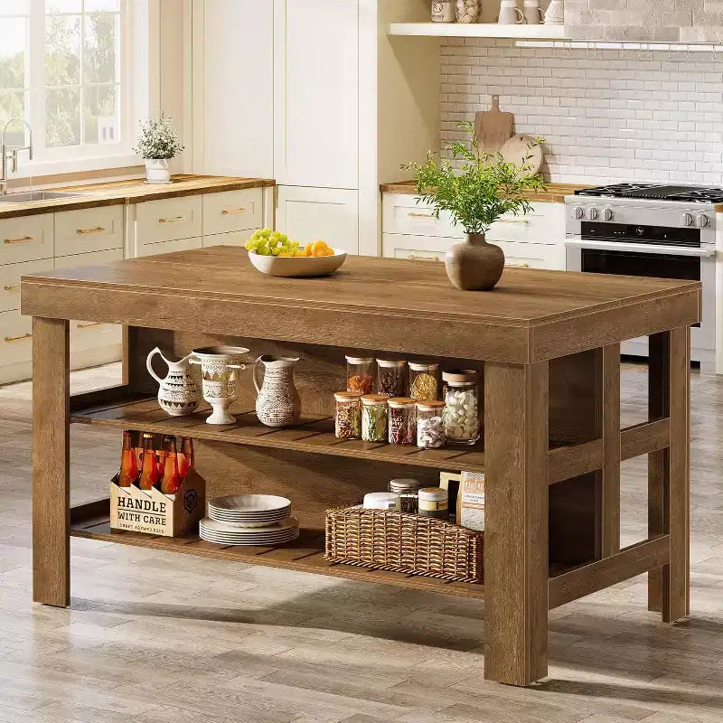 Isla de Cocina con Almacenamiento y Asientos, Mesa Isla de Madera Grande Estacionaria de Estilo Rústico para Cocina Comedor (Todo Marrón)