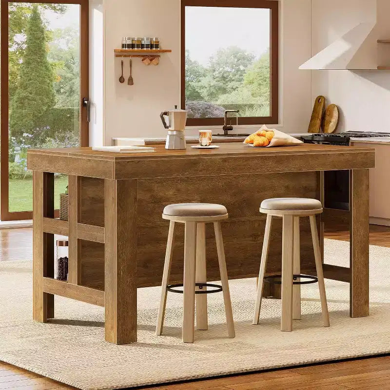 Isla de Cocina con Almacenamiento y Asientos, Mesa Isla de Madera Grande Estacionaria de Estilo Rústico para Cocina Comedor (Todo Marrón)