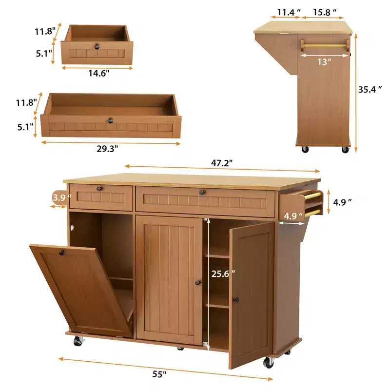 Isla de Cocina con Encimera Plegable, Mesa de Isla Rodante de 55" de Ancho con Ruedas, Toallero, Especiero, Cuchillero y Almacenamiento de Basura de 10 Galones