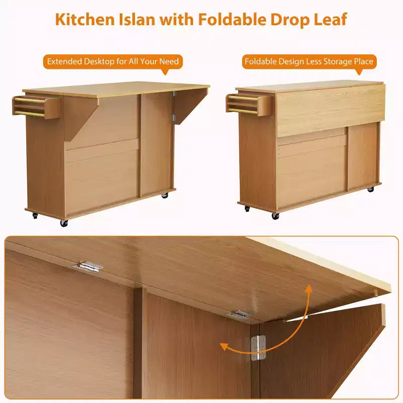 Isla de Cocina con Encimera Plegable, Mesa de Isla Rodante de 55" de Ancho con Ruedas, Toallero, Especiero, Cuchillero y Almacenamiento de Basura de 10 Galones