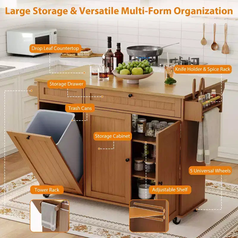 Isla de Cocina con Encimera Plegable, Mesa de Isla Rodante de 55" de Ancho con Ruedas, Toallero, Especiero, Cuchillero y Almacenamiento de Basura de 10 Galones