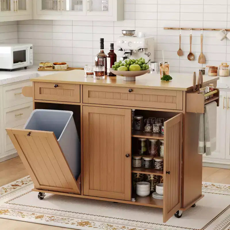 Isla de Cocina con Encimera Plegable, Mesa de Isla Rodante de 55" de Ancho con Ruedas, Toallero, Especiero, Cuchillero y Almacenamiento de Basura de 10 Galones