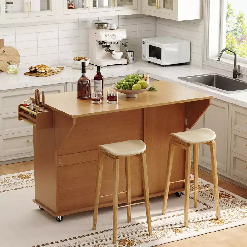 Isla de Cocina con Encimera Plegable, Mesa de Isla Rodante de 55" de Ancho con Ruedas, Toallero, Especiero, Cuchillero y Almacenamiento de Basura de 10 Galones