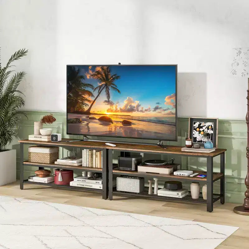 Mueble de TV para televisores de hasta 50 pulgadas, mesa consola de TV de 3 niveles con tomas de corriente, puertos USB y estantes de almacenamiento